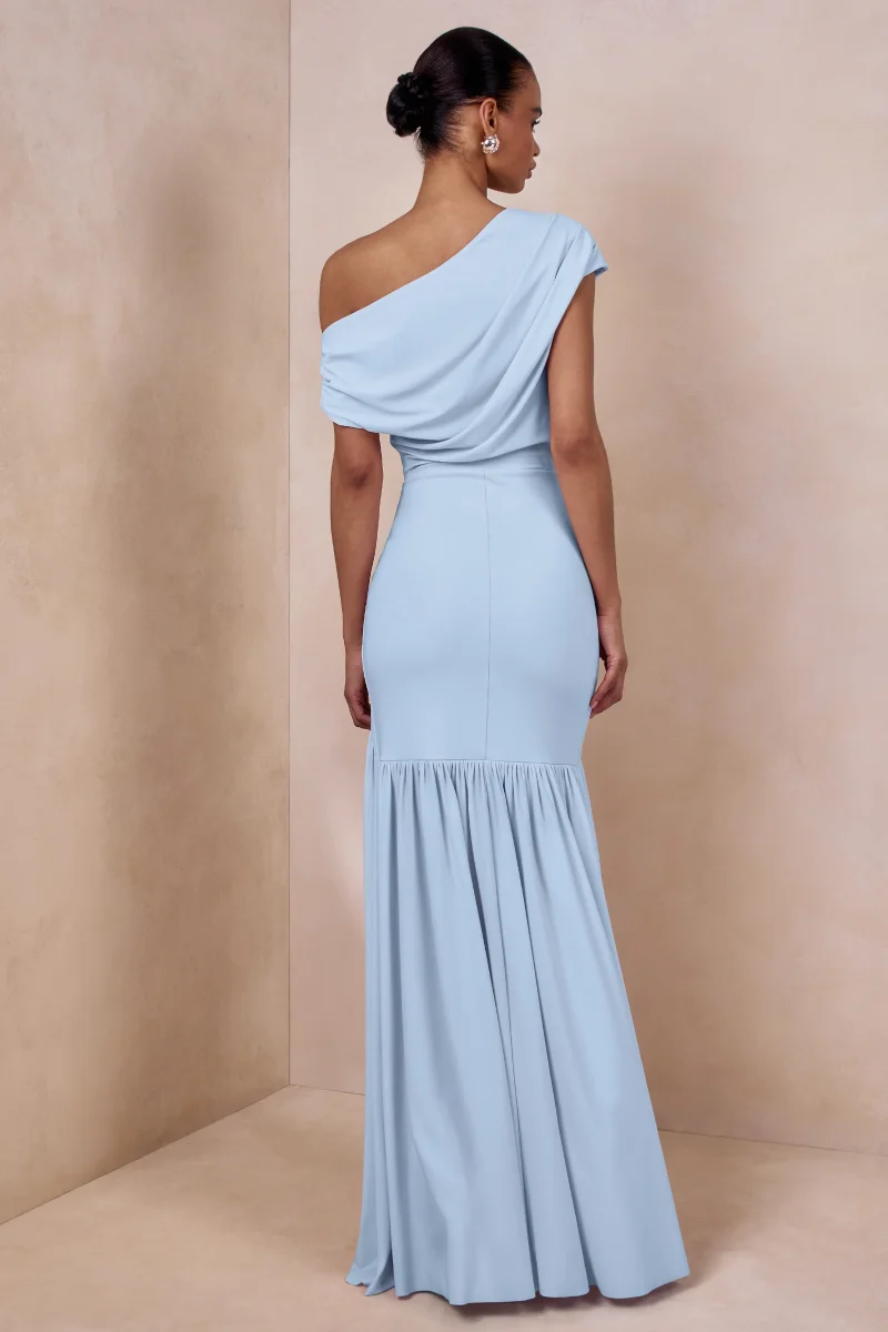 Kady | Vestido Largo Azul con Escote Asimétrico y Detalle Fruncido - Imagen 3