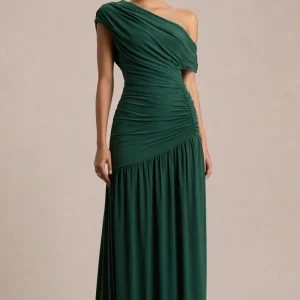 Kady | Vestido Largo Verde Oscuro con Escote Asimétrico, Fruncidos y Abertura Frontal Alta