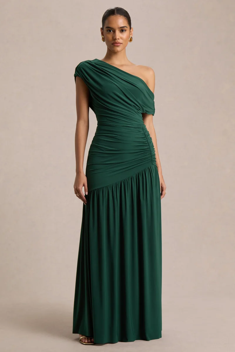Kady | Vestido Largo Verde Oscuro con Escote Asimétrico, Fruncidos y Abertura Frontal Alta