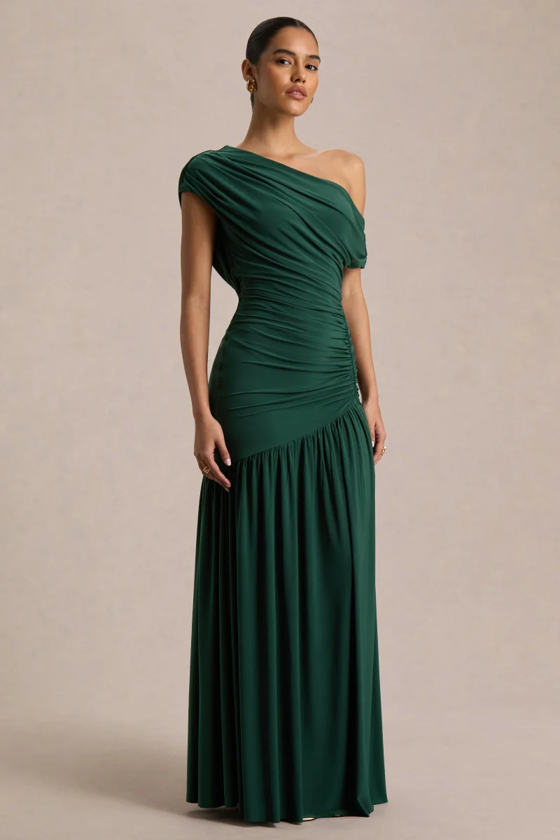 Kady | Vestido Largo Verde Oscuro con Escote Asimétrico, Fruncidos y Abertura Frontal Alta - Imagen 6