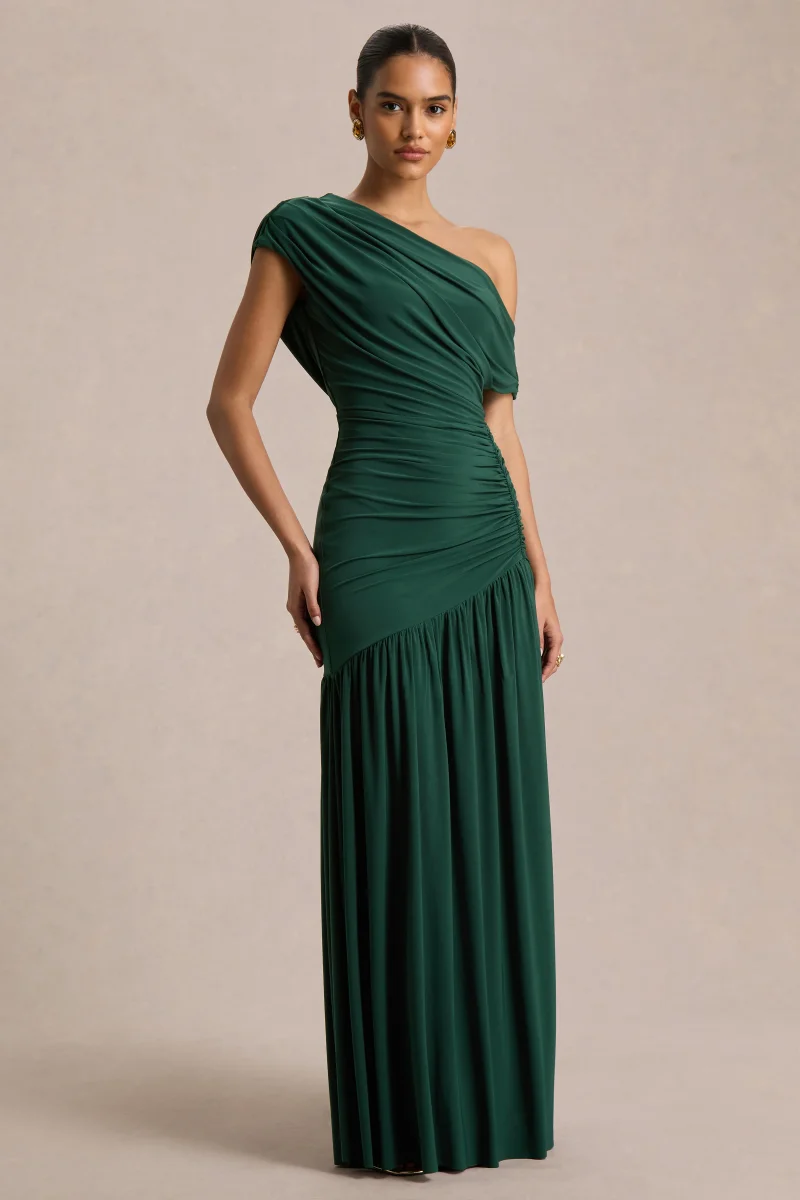 Kady | Vestido Largo Verde Oscuro con Escote Asimétrico, Fruncidos y Abertura Frontal Alta - Imagen 4