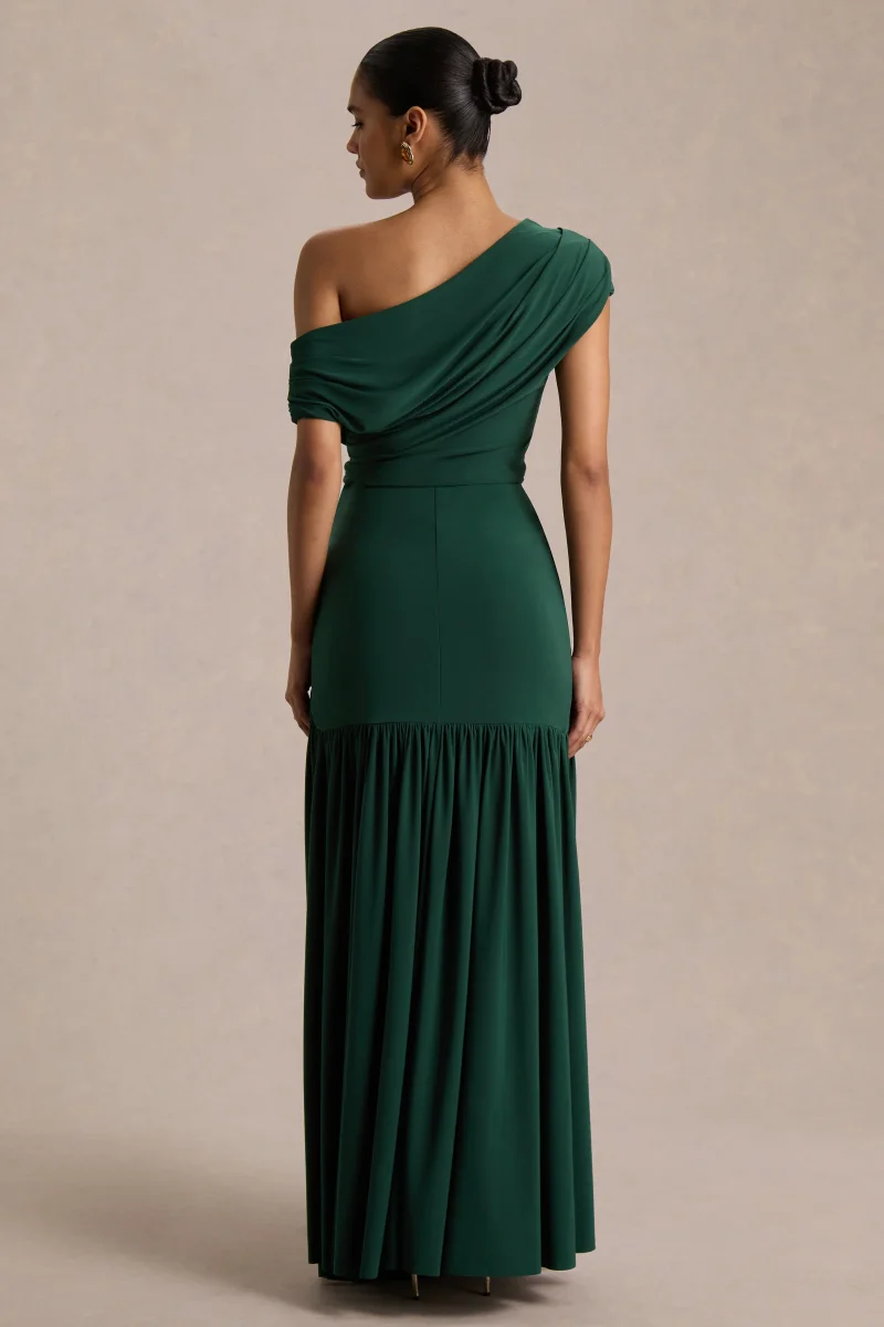 Kady | Vestido Largo Verde Oscuro con Escote Asimétrico, Fruncidos y Abertura Frontal Alta - Imagen 3