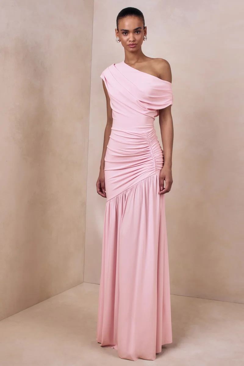 Kady | Vestido largo rosa con escote asimétrico y detalle fruncido - Imagen 5