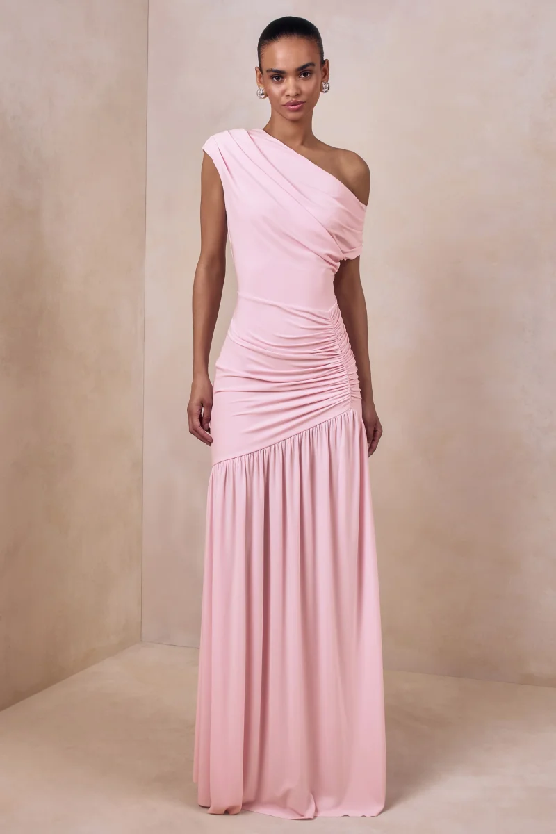 Kady | Vestido largo rosa con escote asimétrico y detalle fruncido - Imagen 2