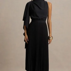 Jimena | Vestido Midi Negro De Manga Larga con Cuello Alto y Detalles Plisados