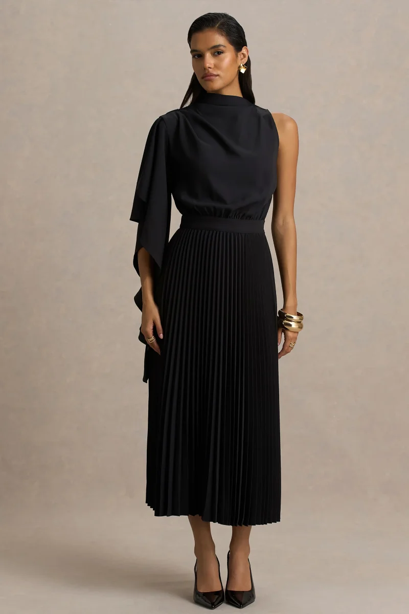 Jimena | Vestido Midi Negro De Manga Larga con Cuello Alto y Detalles Plisados - Imagen 2