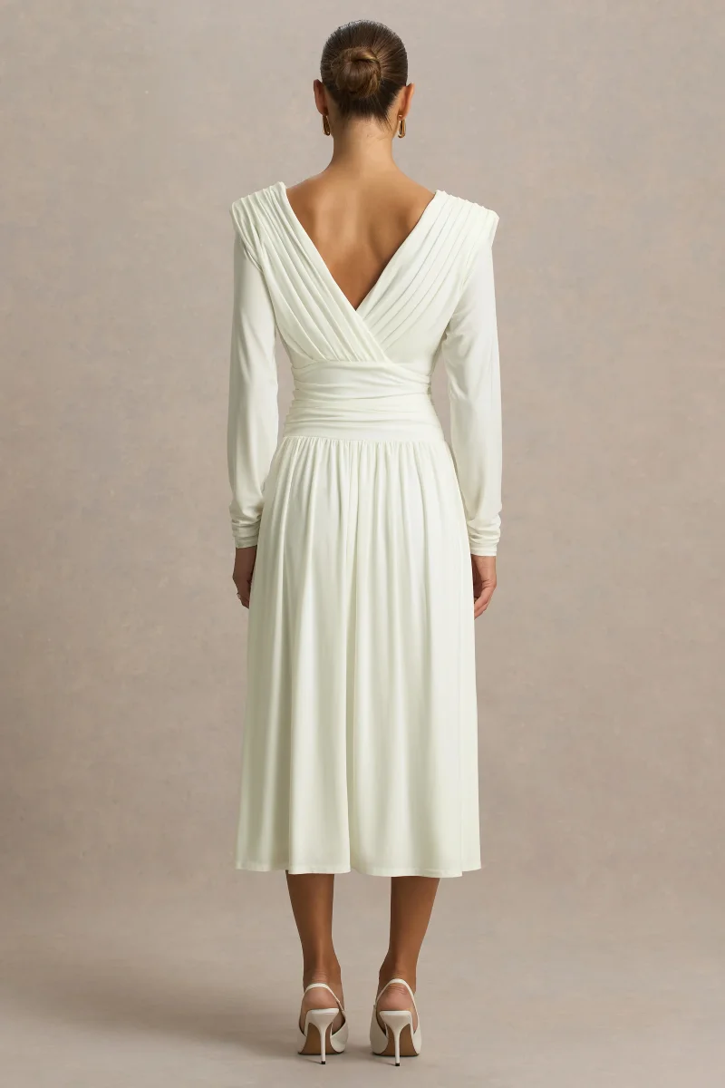 Alexis | Vestido Midi Blanco de Escote Profundo con Detalles Drapeados y Fruncidos - Imagen 3