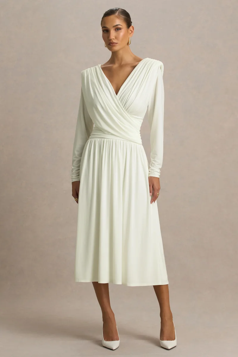 Alexis | Vestido Midi Blanco de Escote Profundo con Detalles Drapeados y Fruncidos - Imagen 6