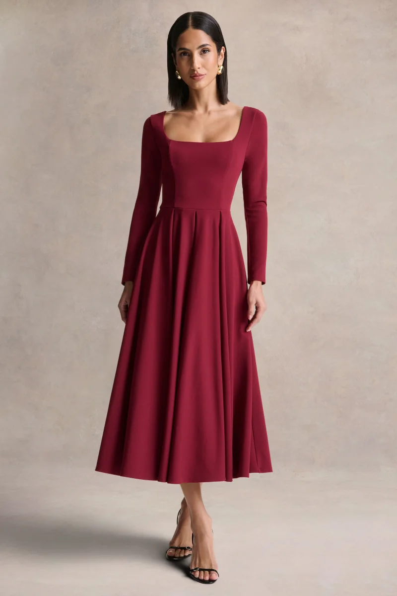 Alison | Vestido Midi Burdeos Con Cuello Cuadrado
