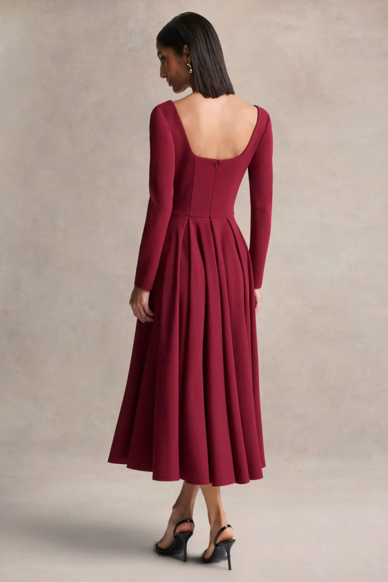 Alison | Vestido Midi Burdeos Con Cuello Cuadrado - Imagen 3