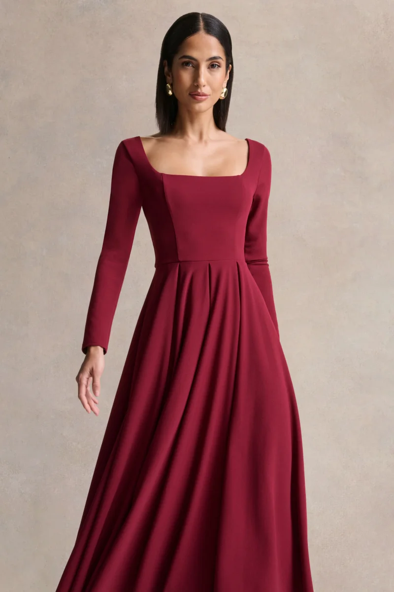 Alison | Vestido Midi Burdeos Con Cuello Cuadrado - Imagen 4