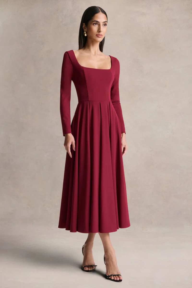 Alison | Vestido Midi Burdeos Con Cuello Cuadrado - Imagen 5