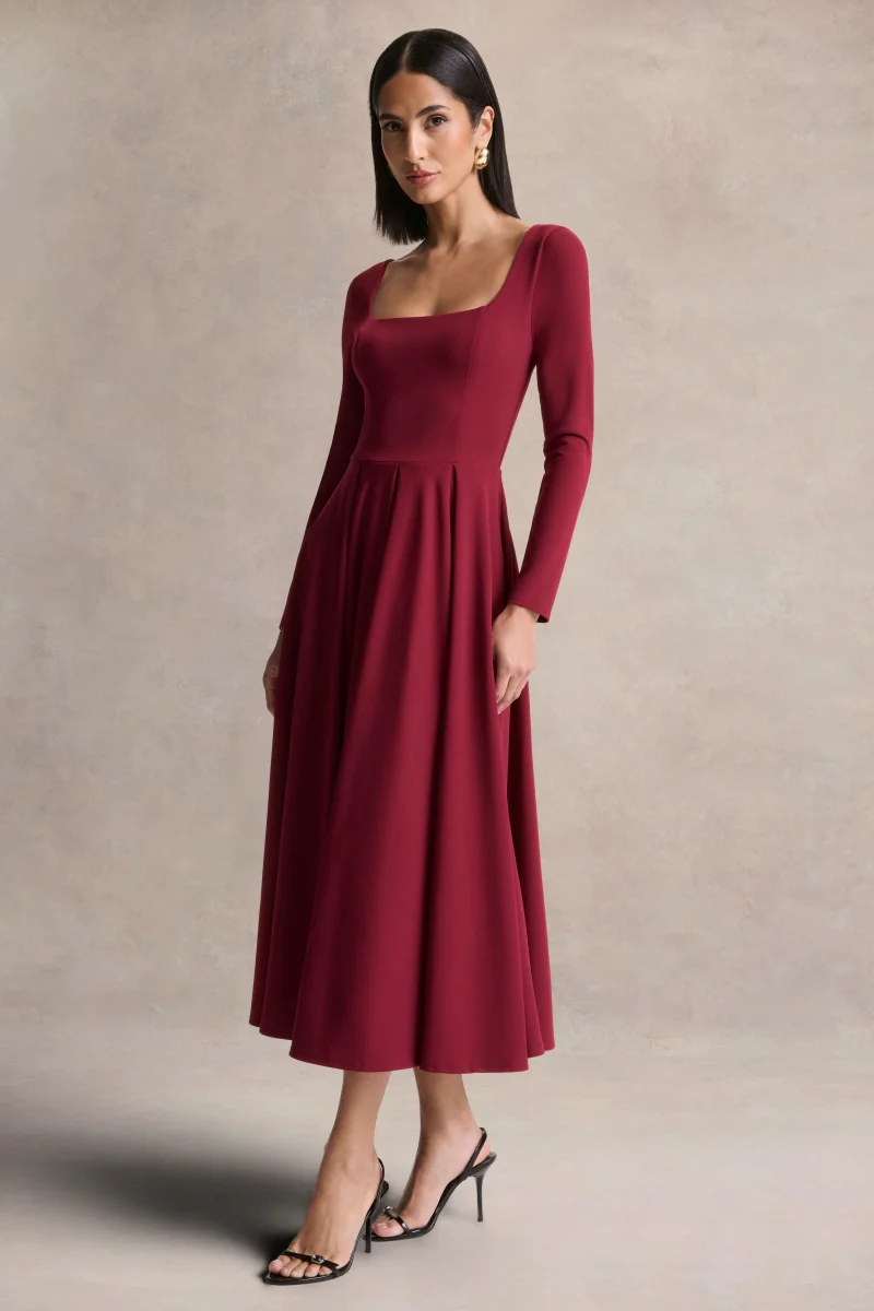 Alison | Vestido Midi Burdeos Con Cuello Cuadrado - Imagen 6