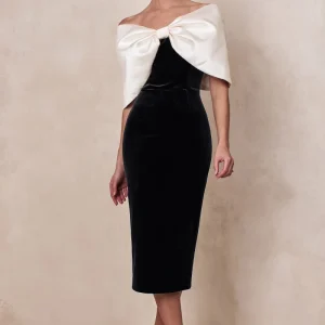 Twilight | Vestido Midi Bardot de Terciopelo Blanco y Negro con Lazo Extragrande
