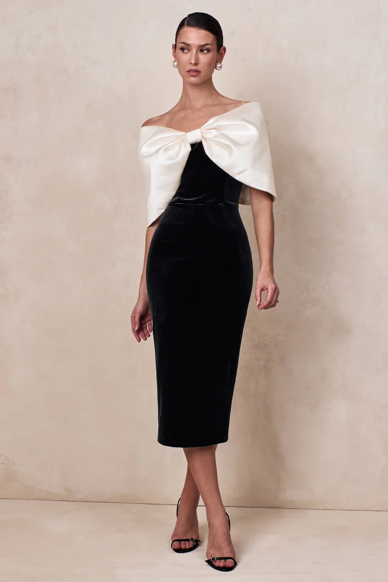 Twilight | Vestido Midi Bardot de Terciopelo Blanco y Negro con Lazo Extragrande - Imagen 2