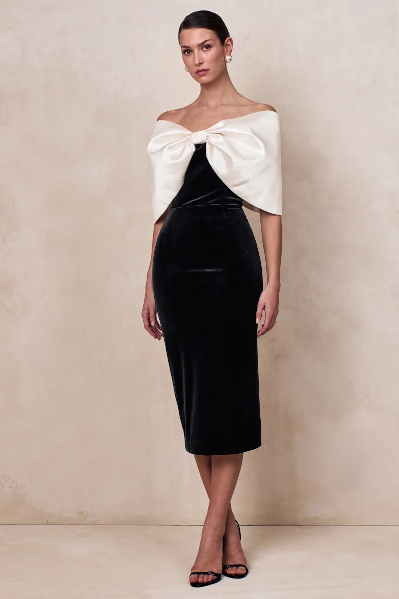 Twilight | Vestido Midi Bardot de Terciopelo Blanco y Negro con Lazo Extragrande - Imagen 6