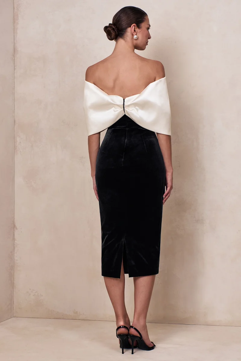 Twilight | Vestido Midi Bardot de Terciopelo Blanco y Negro con Lazo Extragrande - Imagen 3