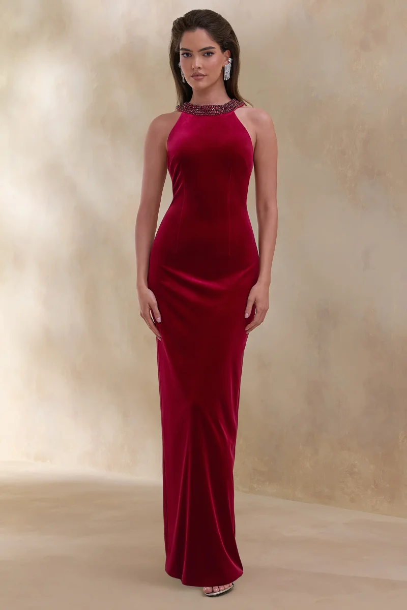 Darya | Vestido Largo burdeos de terciopelo con cuello alto ornamentado - Imagen 2