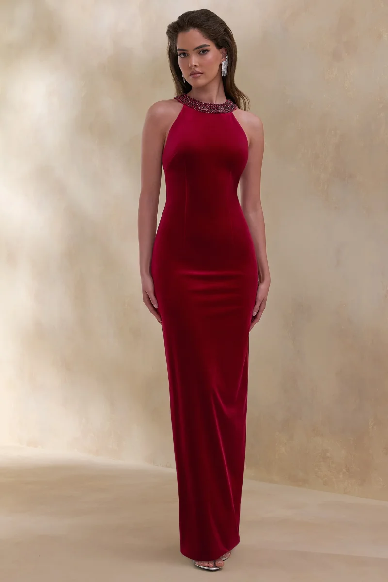 Darya | Vestido Largo burdeos de terciopelo con cuello alto ornamentado - Imagen 5