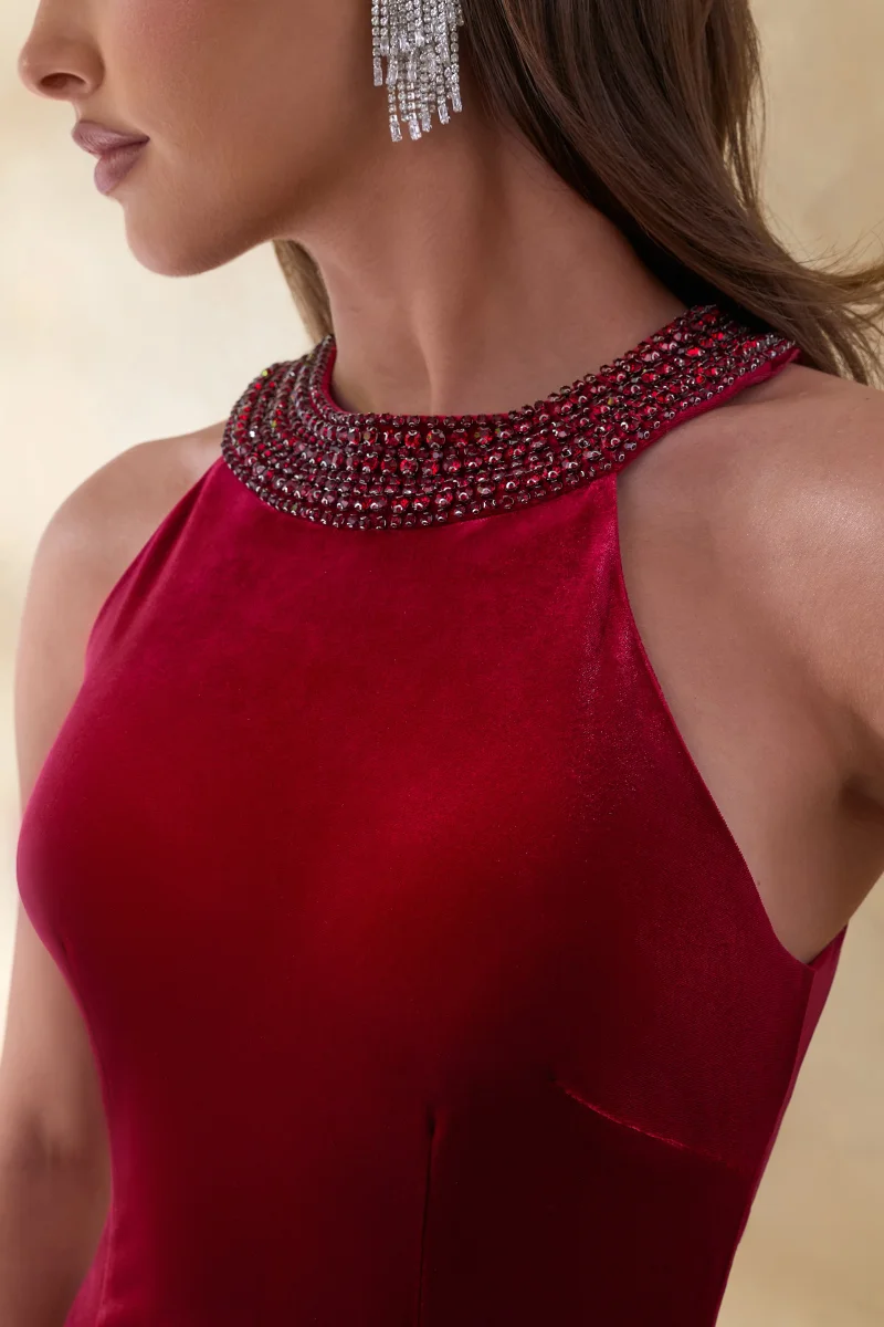 Darya | Vestido Largo burdeos de terciopelo con cuello alto ornamentado - Imagen 6