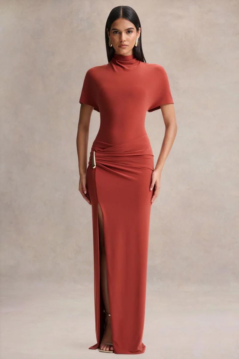 Arlena | Vestido Largo Óxido de Cuello Alto con Detalle Envolvente - Imagen 5