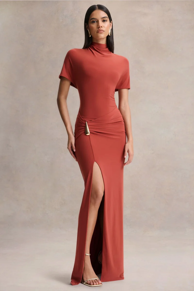 Arlena | Vestido Largo Óxido de Cuello Alto con Detalle Envolvente - Imagen 4