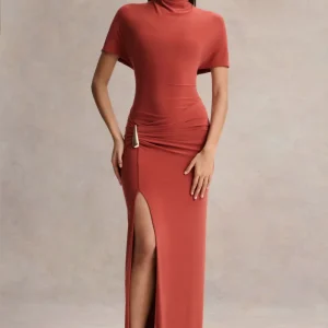 Arlena | Vestido Largo Óxido de Cuello Alto con Detalle Envolvente