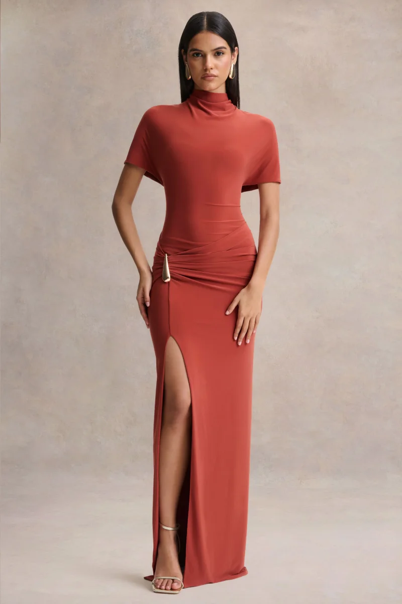 Arlena | Vestido Largo Óxido de Cuello Alto con Detalle Envolvente