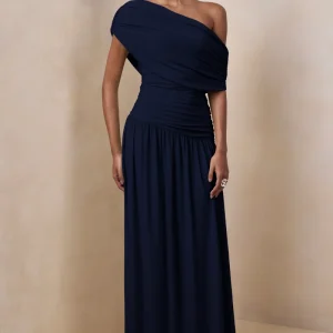 Emberly | Vestido Largo Azul Marino con Escote Asimétrico Drapeado y Cintura Caída