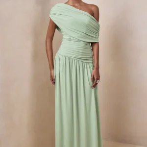 Emberly | Vestido largo verde con escote asimétrico y cintura caída