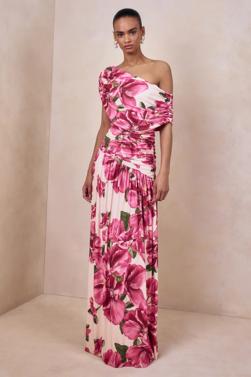 Emberly | Vestido largo Con Estampado Floral Hibisco Rosa Escote Asimétrico y Cintura Baja - Imagen 5