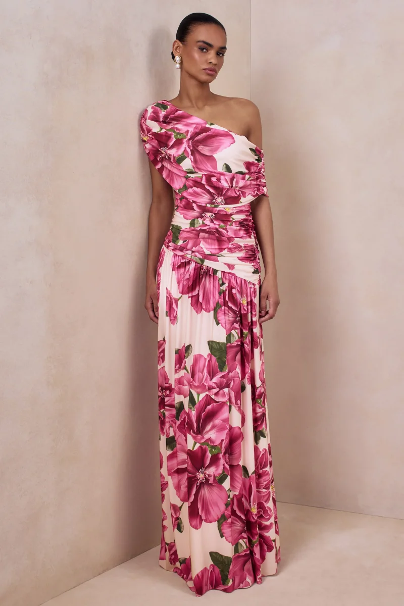 Emberly | Vestido largo Con Estampado Floral Hibisco Rosa Escote Asimétrico y Cintura Baja - Imagen 6