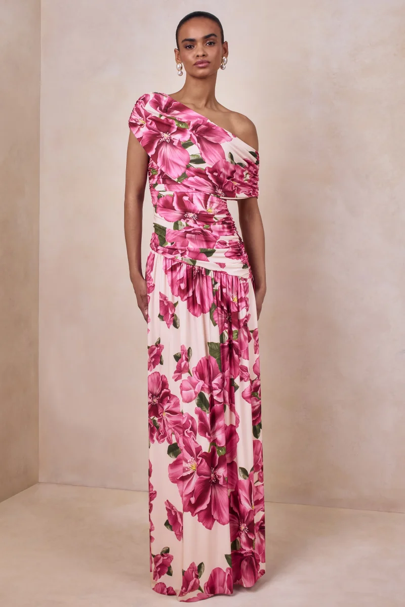 Emberly | Vestido largo Con Estampado Floral Hibisco Rosa Escote Asimétrico y Cintura Baja