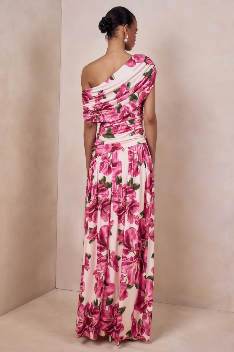 Emberly | Vestido largo Con Estampado Floral Hibisco Rosa Escote Asimétrico y Cintura Baja - Imagen 3