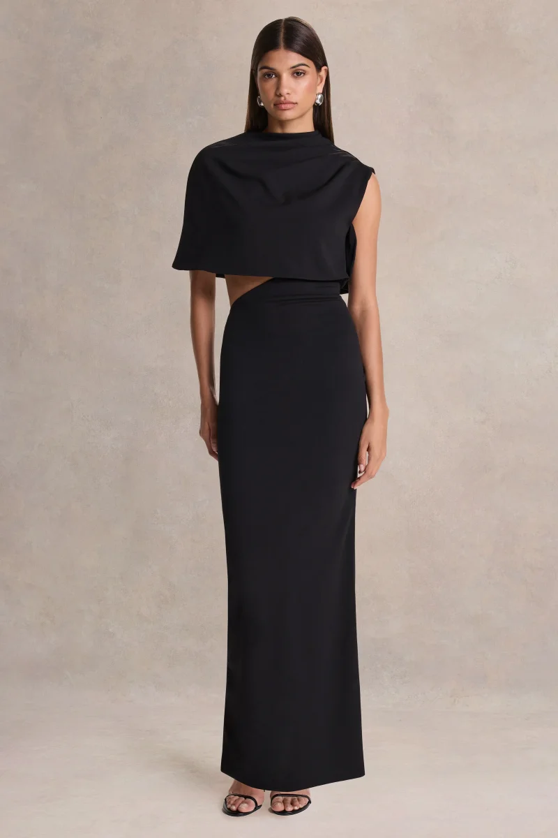 Roseth | Vestido largo negro con cuello alto y manga única con detalles de aberturas - Imagen 7