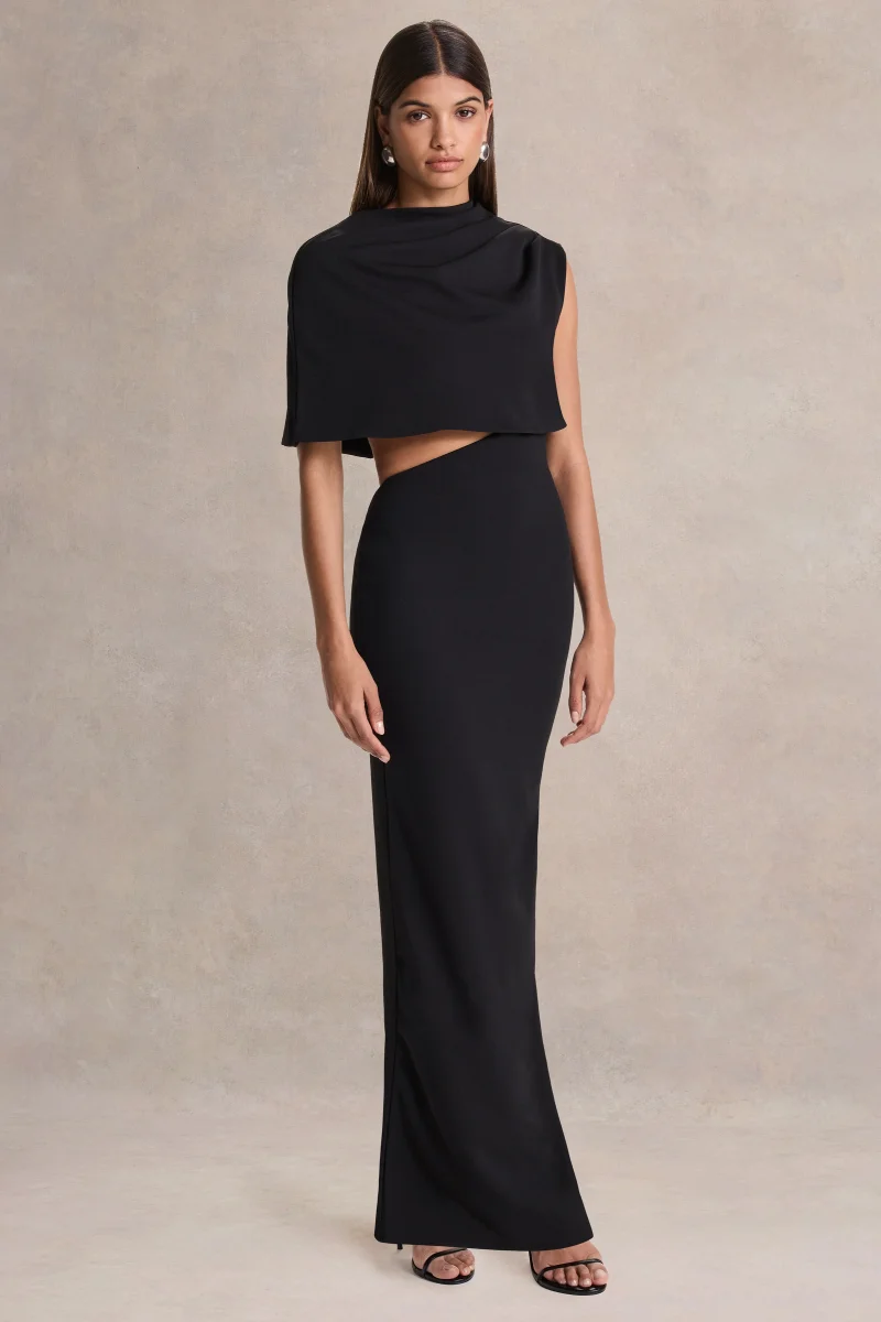 Roseth | Vestido largo negro con cuello alto y manga única con detalles de aberturas - Imagen 8