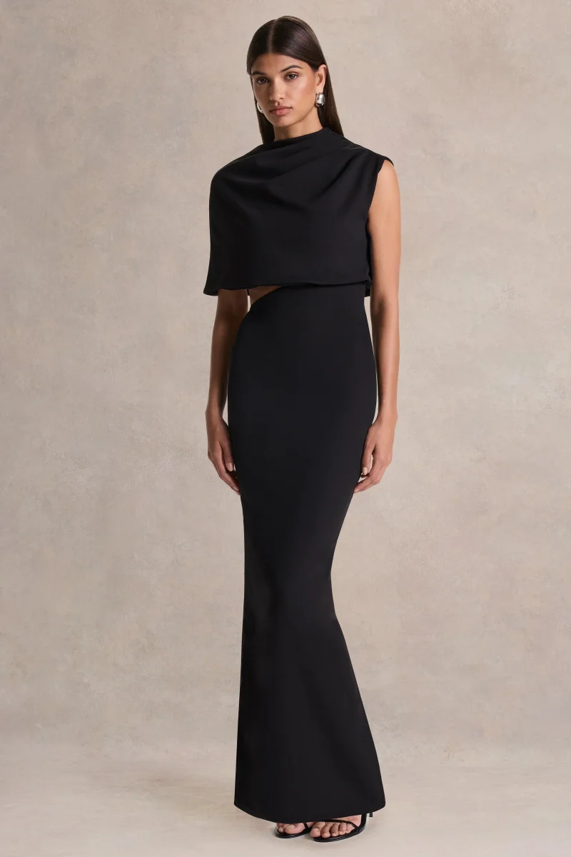 Roseth | Vestido largo negro con cuello alto y manga única con detalles de aberturas - Imagen 9