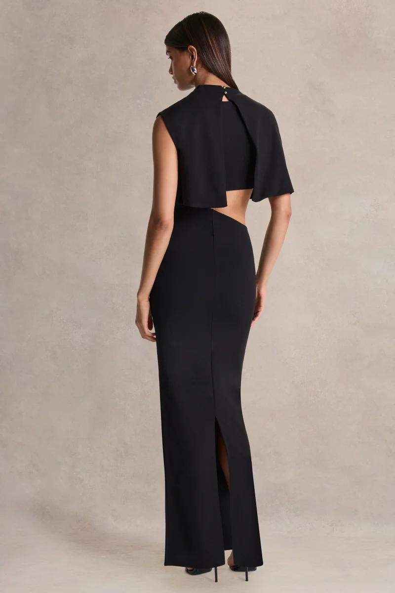 Roseth | Vestido largo negro con cuello alto y manga única con detalles de aberturas - Imagen 3