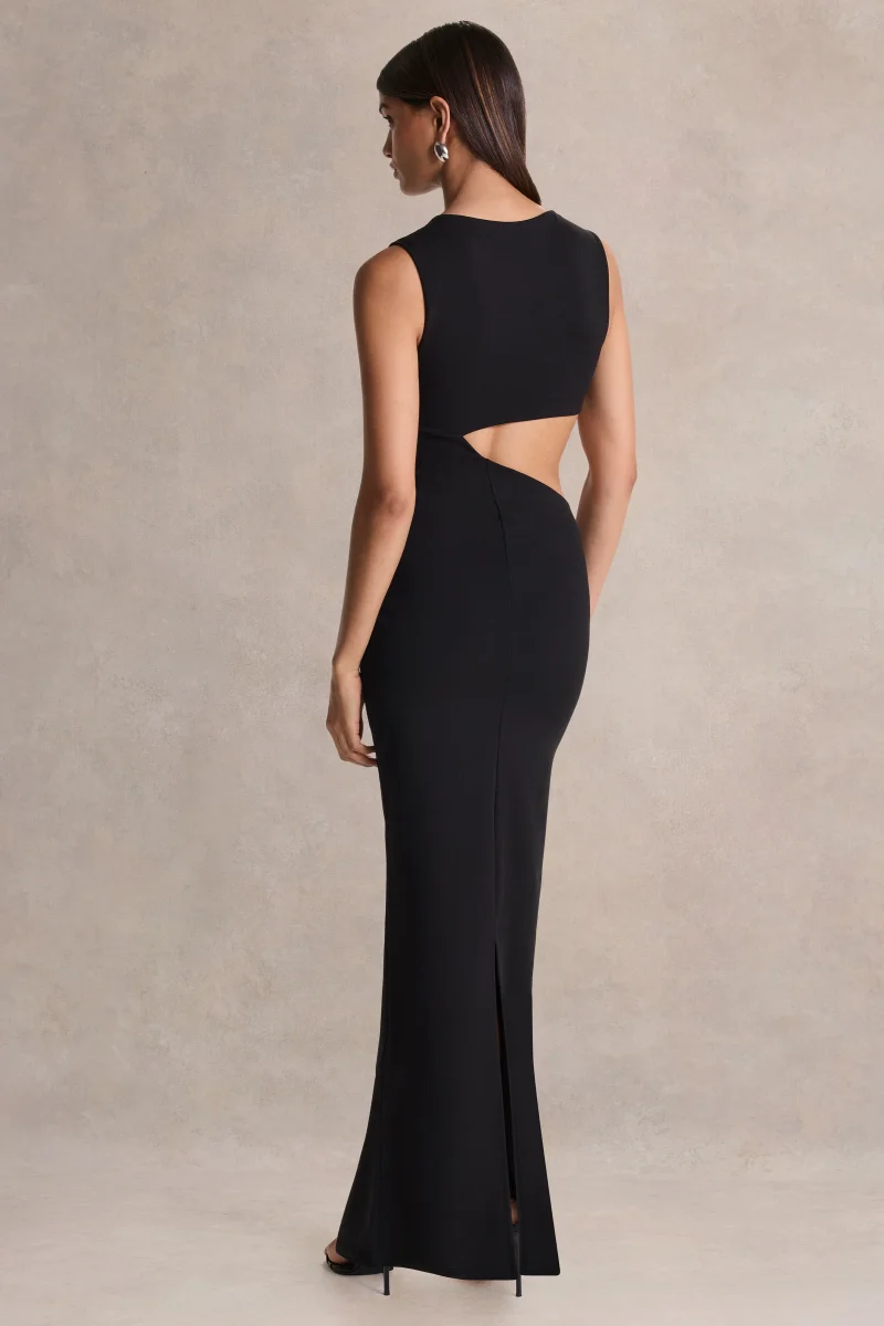 Roseth | Vestido largo negro con cuello alto y manga única con detalles de aberturas - Imagen 5