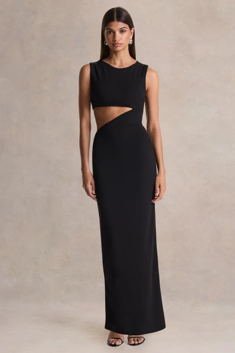 Roseth | Vestido largo negro con cuello alto y manga única con detalles de aberturas - Imagen 4