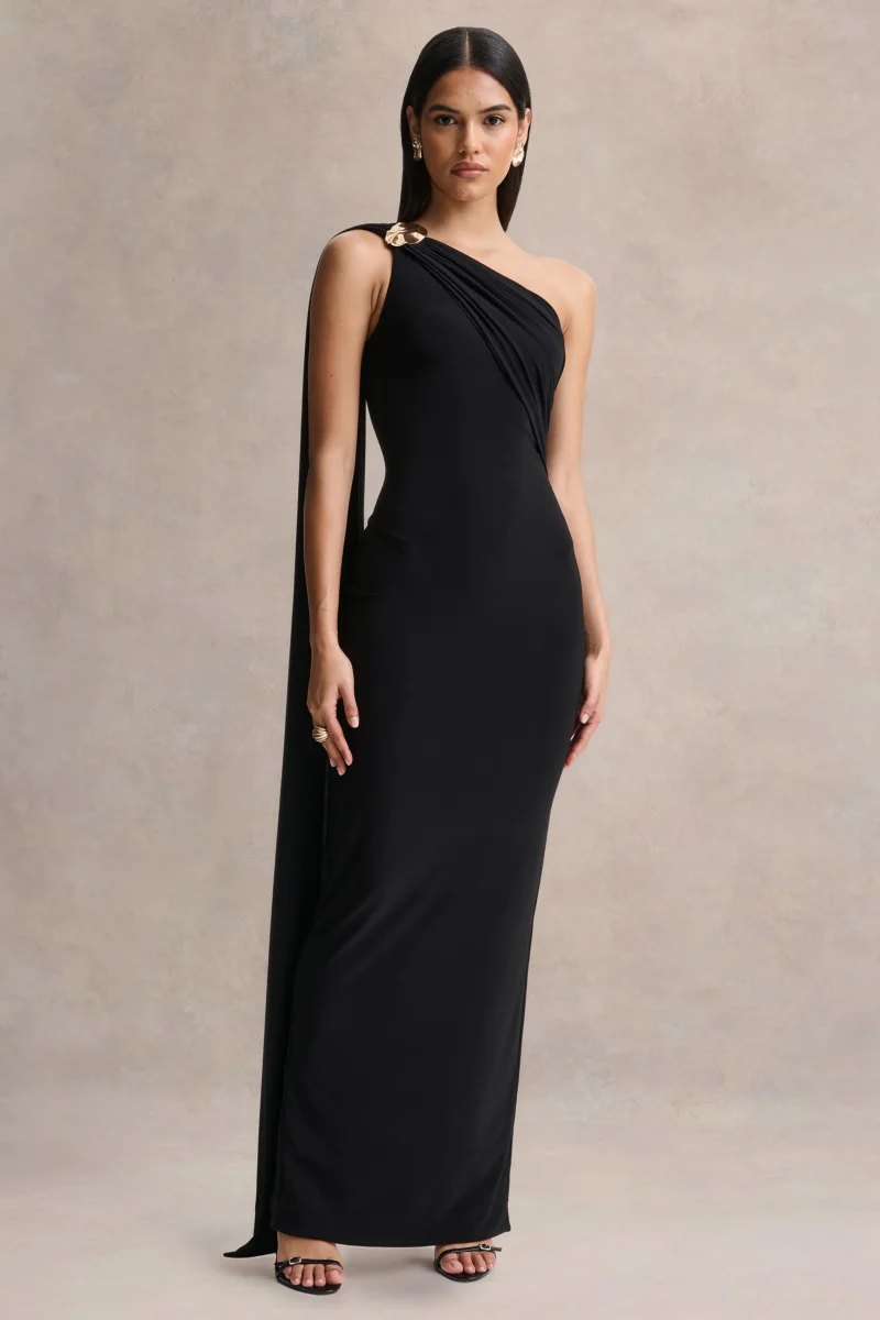 Mandy | Vestido Largo Negro con Escote Asimétrico - Imagen 6