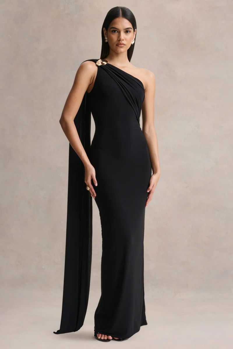 Mandy | Vestido Largo Negro con Escote Asimétrico - Imagen 2