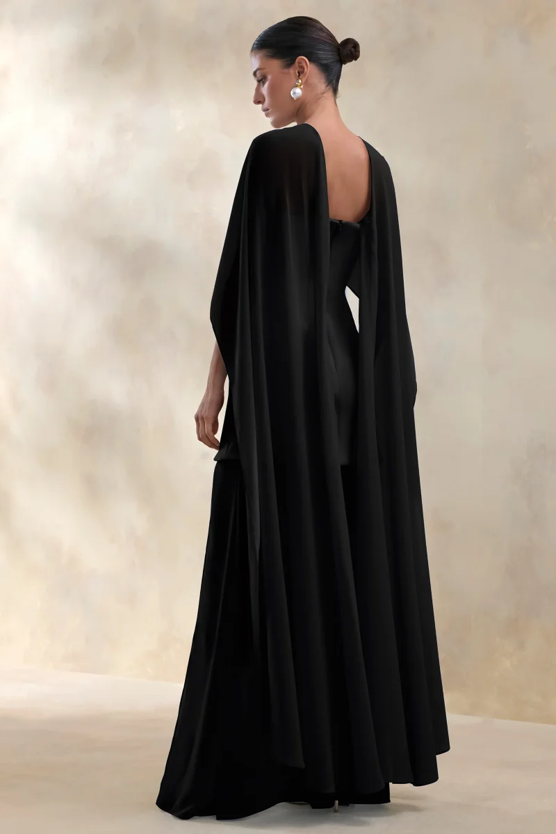 Chessa | Vestido Largo Negro de Escote Con Aberturas con Capa Transparente - Imagen 3