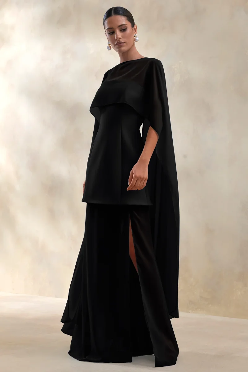 Chessa | Vestido Largo Negro de Escote Con Aberturas con Capa Transparente - Imagen 5