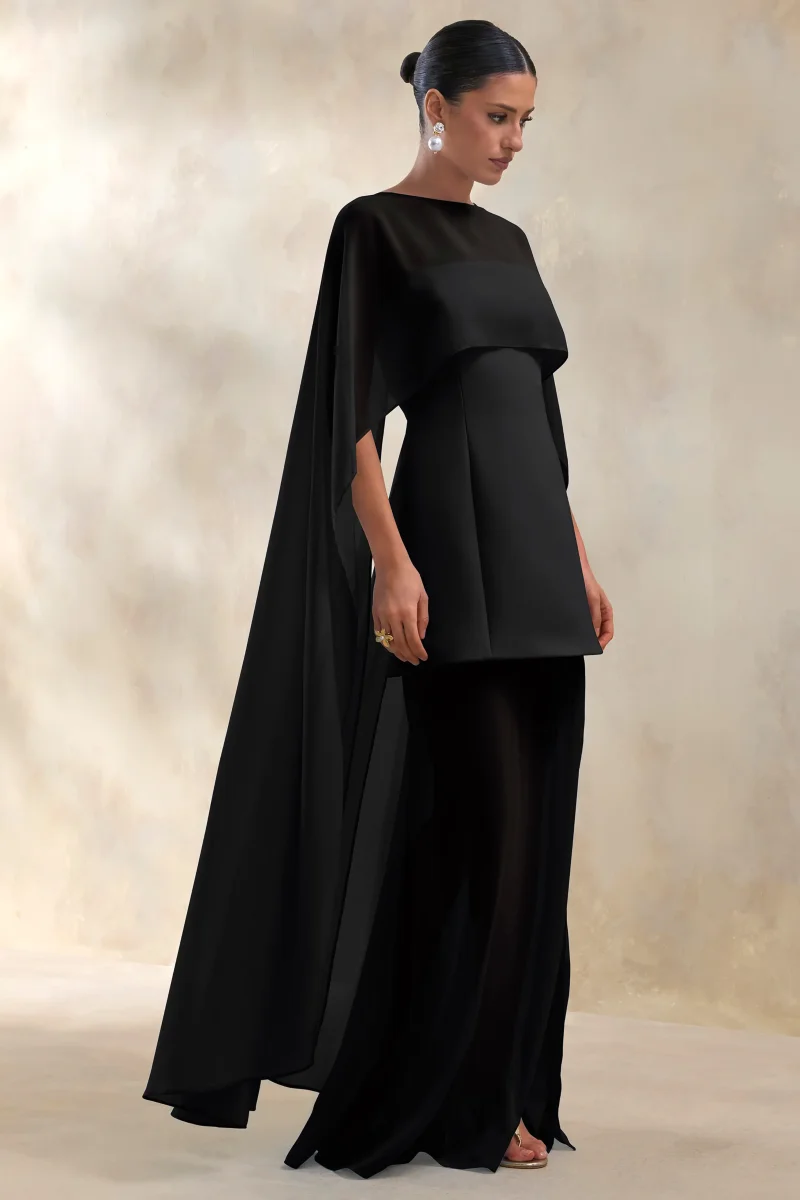 Chessa | Vestido Largo Negro de Escote Con Aberturas con Capa Transparente - Imagen 6