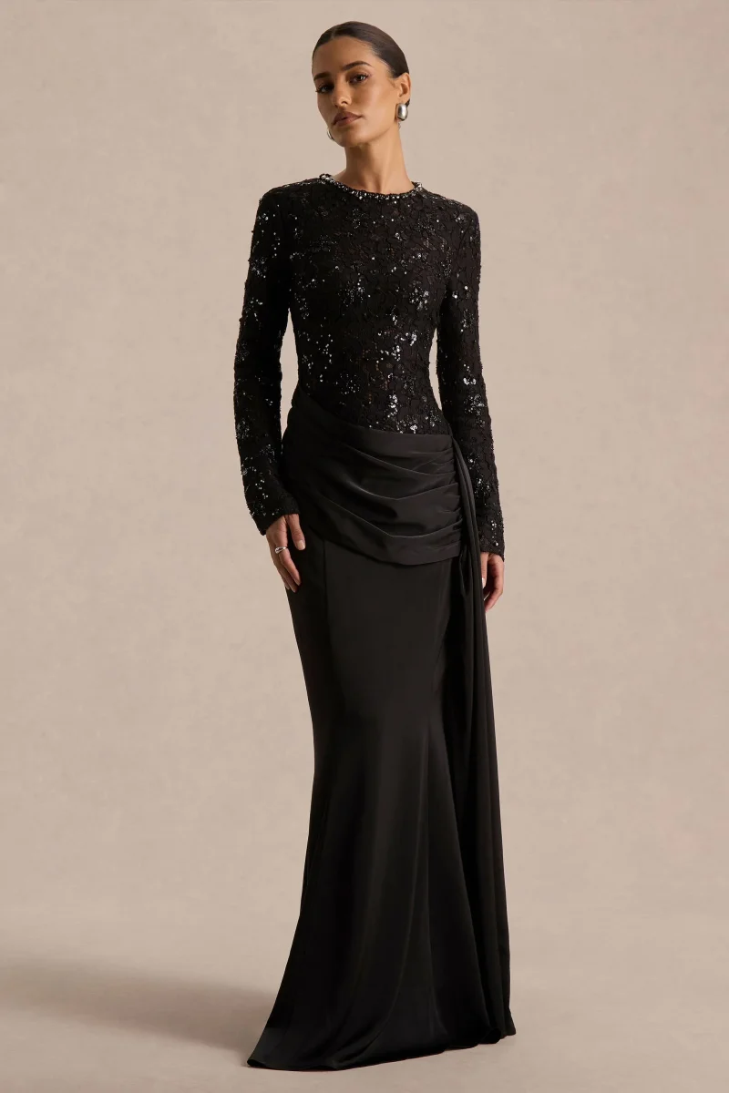 Beau | Vestido Largo de Encaje Negro con Escote Alto y Detalle Drapeado - Imagen 5