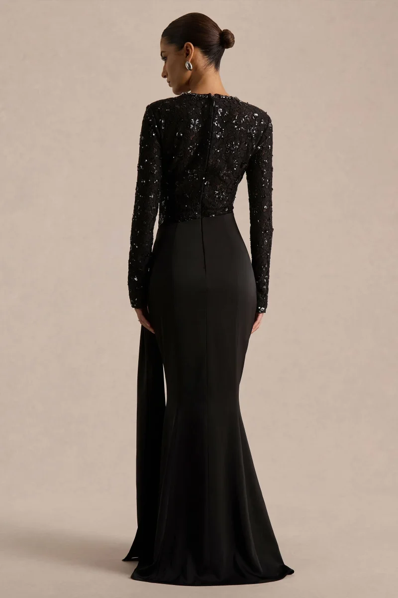 Beau | Vestido Largo de Encaje Negro con Escote Alto y Detalle Drapeado - Imagen 3