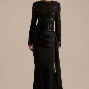 Beau | Vestido Largo de Encaje Negro con Escote Alto y Detalle Drapeado