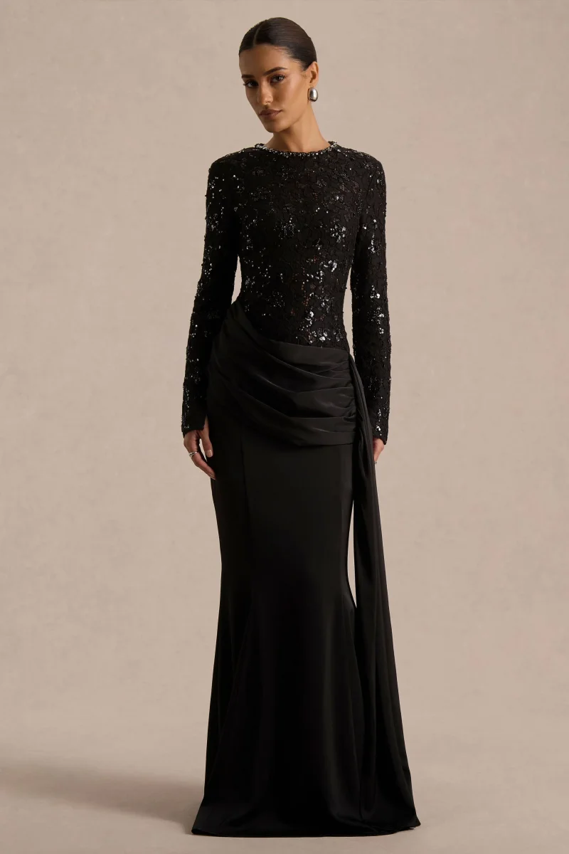 Beau | Vestido Largo de Encaje Negro con Escote Alto y Detalle Drapeado - Imagen 2