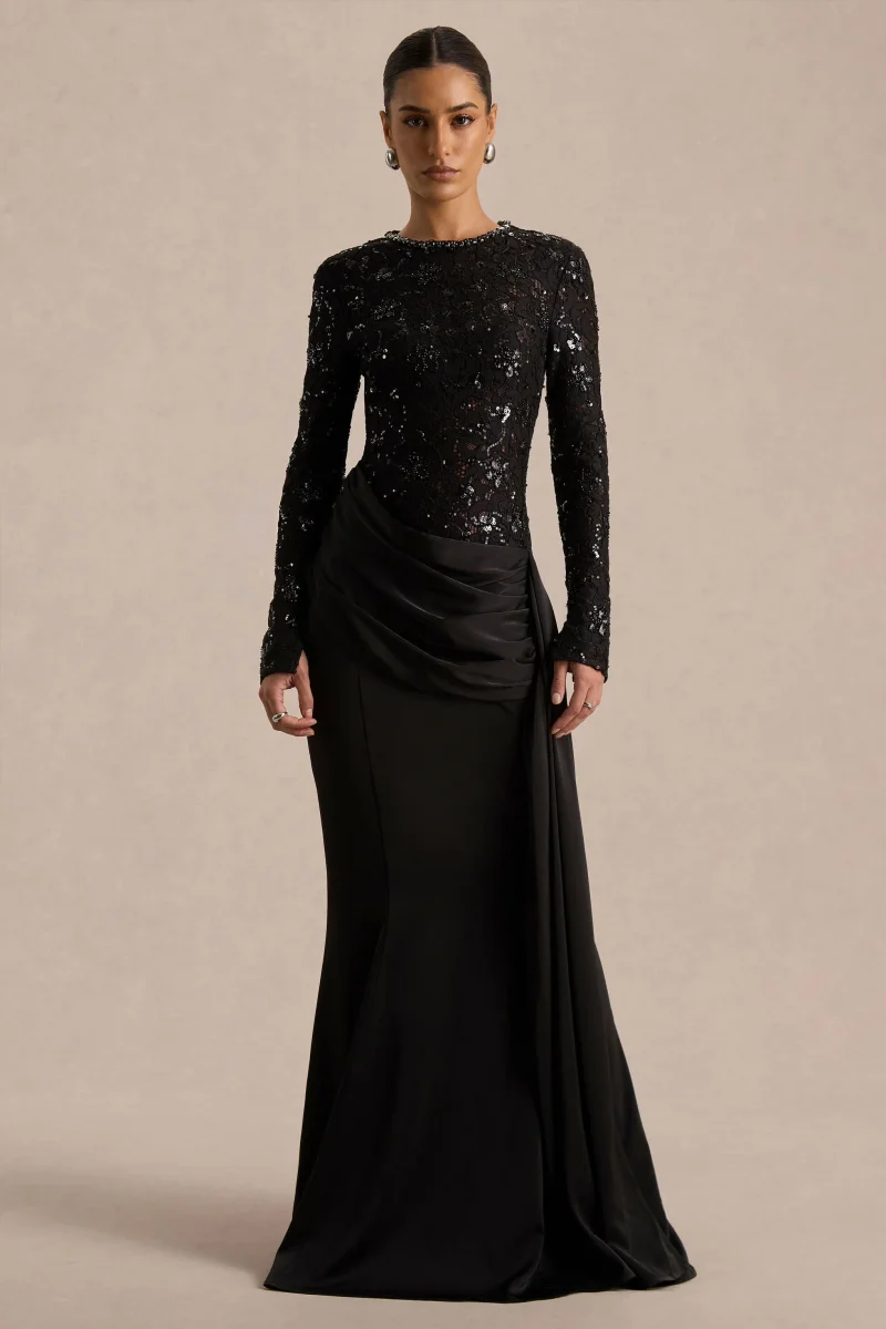 Beau | Vestido Largo de Encaje Negro con Escote Alto y Detalle Drapeado - Imagen 6